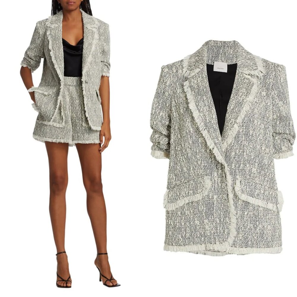 NWT Cinq à Sept Erin Fringed Boucle Tweed Blazer Jacket Black/Ivory Size 8 $425 - Picture 5 of 17